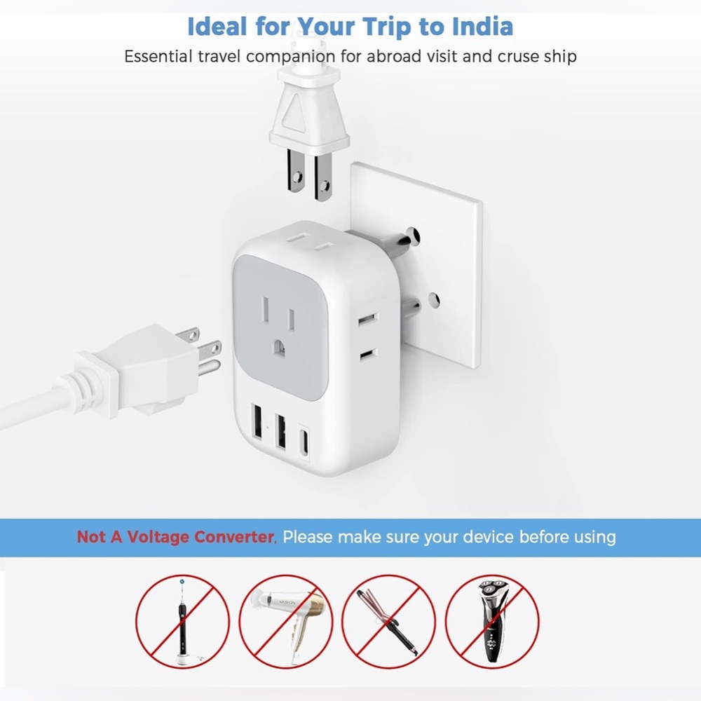 US to India Plug Adapter 2 Pack, TESSAN Adapter with 4 Outlets 3 USB Charger - Picture 3 of 13